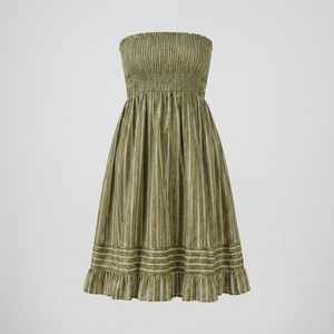 Olive Green Striped Strapless Modern 100% Cotton Summer <b>Dress</b> Shoulder Smocked Midi Sundress Casual Beach <b>Ruffle</b> Holiday - Product Image 1
