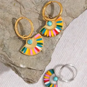 Ouj Fashion Boho Dangling New Earrings Designs Girls Jewelry Stainless Steel Enamel Bohemian Turquoise Charm Rainbow Earrings