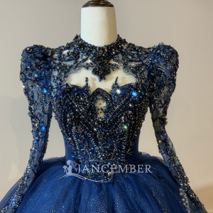 Xs321 Vestido de Gala Moderno y Elegante Azul Marino con Lentejuelas, Escote Corazón, Manga Larga, Lazo de Mariposa con Cristales Plateados, Largo hasta el Suelo - Product Image 5