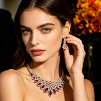 Ensemble de bijoux de mariée XM S259 en zircon cubique rouge de luxe, collier et boucles d'oreilles pour femmes, pour mariage, fête, tenue de soirée