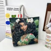 Sac fourre-tout en toile noire grande capacité pour femme, imprimé fille africaine style Cool Art, doublure en tissu, idéal pour les sorties, motif fille tressée