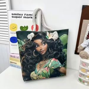 Cool Art African Girl Printed Women's Handbag Large Capacity Black <b>Canvas</b> Tote Bag Fabric Lining Room-Suitable Dirt Braided Girl - Product Image 3
