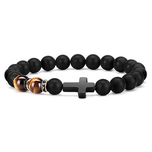 Fenyi all'ingrosso gioielli moda retrò pietra naturale splicing colore nero <span class=keywords><strong>croce</strong></span> perline uomini e donne braccialetto elastico - Product Image 1