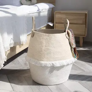 Cesta De Armazenamento De Corda De Algodão Grandes Cestas Cobertor Cesta De Tecido Branco Com Alças Duráveis para Brinquedos Panos De Toalhas