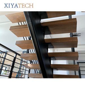 Escalera flotante moderna <span class=keywords><strong>con</strong></span> iluminación <span class=keywords><strong>LED</strong></span> XIYATECH <span class=keywords><strong>con</strong></span> escalones de madera maciza, barandilla de vidrio sin marco, larguero de acero Invisible para villas - Product Image 1