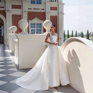 LY-WD0821 Abiti da Sposa per Spose, Gonna a Linea A in <span class=keywords><strong>Raso</strong></span>, Elegante Corsetto, Design Vintage, <span class=keywords><strong>Bianco</strong></span> Avorio, Taglia Personalizzabile - Product Image 3