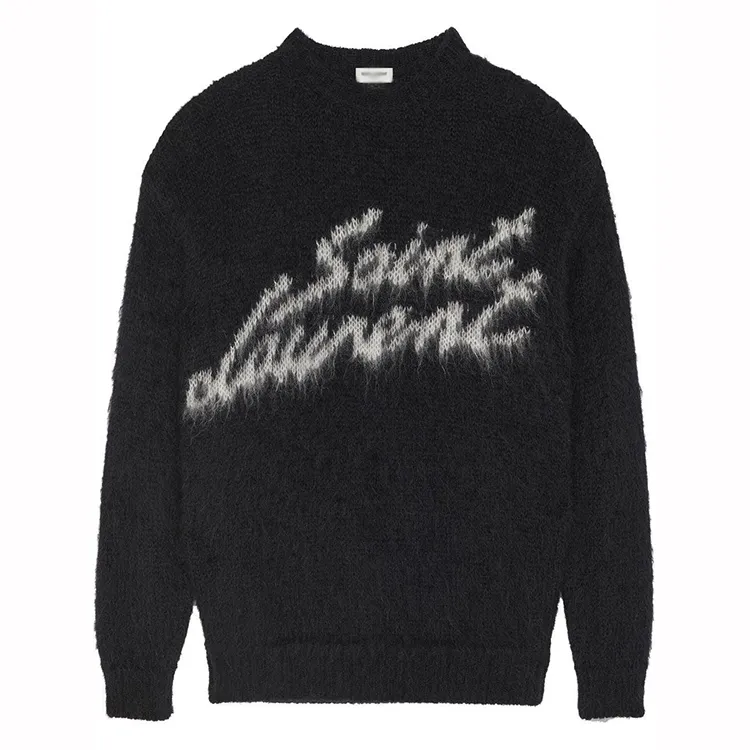 AiNear wholesale custom logo design oem   odm long sleeve crew neck letter jacquard black men's mohair knitted pullover sweater