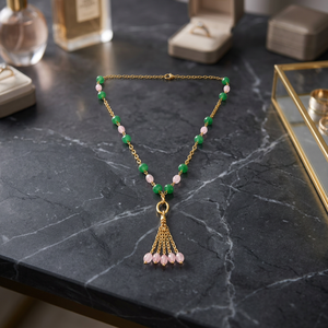 Custom Rhodium Plated Necklace Green Onyx Pink Quartz Bead Station Oval Link Y Lariat Tassel Drop Chain Fine Women Luxury <b>Gift</b> - Product Image 6