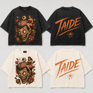 เสื้อยืด TaiDe ได้รับการรับรองมาตรฐาน BSCI ความหนา 280GSM ล้างสีแบบ Acid Wash ลายวินเทจ ลายสัก ลายแฟลช พินอัพ ลายหัวกะโหลก พิมพ์ลายด้านหน้าและด้านหลัง สองสี โลโก้สั่งทำได้ รับผลิตแบบ OEM ขายส่ง - Product Image 1