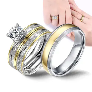 Cincin Pasangan Dua Warna Emas Perak Bebas Noda Baja Titanium Pertunangan Pengantin Set Pernikahan Baja Tahan Karat untuk Pasangan