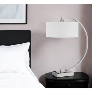 HMS 26 \ "lampada da tavolo USB in metallo nichel con paralume in tessuto bianco LED per camera da letto soggiorno o Hotel alimentato a batteria corpo PC - Product Image 1