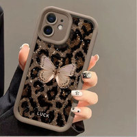Coque de téléphone portable antichoc en TPU avec motif léopard papillon pailleté et protection d'objectif en forme d'échelle pour iPhone 12 13 14 15 16 17 18 Pro Max