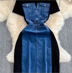 Robe pour femmes, <span class=keywords><strong>vêtements</strong></span> pour femmes sur mesure, nouvelle robe en denim à col rond et manches courtes, robe décontractée tendance pour femmes - Product Image 2