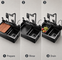 Évier de cuisine multifonction en acier inoxydable noir avec planche à découper, égouttoir, porte-vaisselle et double robinet pour villa, hôtel, OEM, ODM
