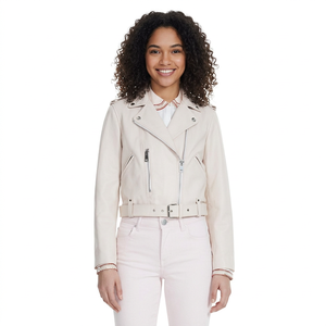 Elegant <b>Women</b> Off <b>White</b> Real Leather Biker <b>Jacket</b> Belted Waist Notch Lapel Zippered Pocket Premium Ladies Leather <b>Jackets</b> - Product Image 3