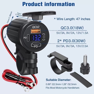 <span class=keywords><strong>Chargeur</strong></span> USB pour guidon de moto avec voltmètre LED et interrupteur marche/arrêt, prise double PD et QC3.0 USB <span class=keywords><strong>3</strong></span> ports pour téléphone GPS - Product Image 2