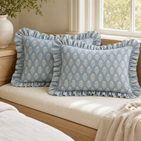 Housse de coussin carrée en coton à volants imprimé motif lotus bleu pour canapé, salon, décoration intérieure, vente en gros