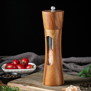 Ensemble de salières et poivrières en céramique réglables avec moulin à poivre manuel en bois d'acacia et plateau, livré dans une boîte personnalisée pour usage en restaurant - Product Image 2