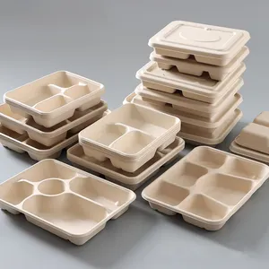 Decoration Eco-friendly Disposable Tableware Food Tray With 5 Compartments And Lid Lunch Bagasse With Dip Cup