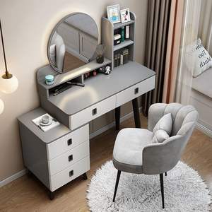 Ensemble de coiffeuse moderne avec miroir LED, coiffeuse blanche brillante avec armoire latérale et tabouret - Product Image 5