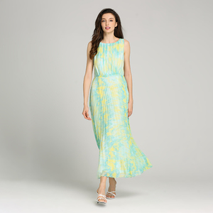 La tendencia de la moda de <span class=keywords><strong>aqua</strong></span> hielo poliéster Impresión digital plisado sin mangas de las mujeres, vestido casual ropa - Product Image 1