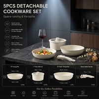 Ensemble de 5 casseroles et poêles antiadhésives empilables avec poignées amovibles, sans PFAS, saines, avec couvercles en verre, pour cuisinière à induction