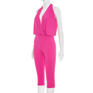 Viviblook D26JP257 Mono informal para mujer, mono sexy sin mangas con cuello en V y hombros descubiertos, mono de longitud media de color sólido - Product Image 3