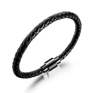 Tùy Chỉnh Khắc Cá Nhân Logo Thép Không Gỉ Đồ Trang Sức Bện Chính Hãng Da Người Đàn Ông Bangle Từ Clasp