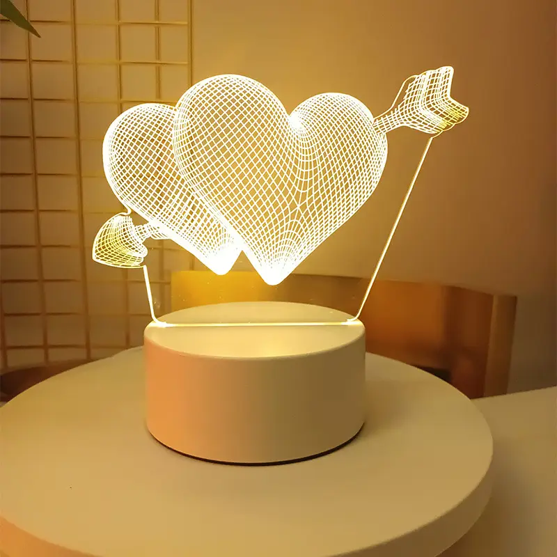 Lampe de Chevet LED 3D USB Veilleuse Acrylique Bureau Lampe de Table Salon Chambre Décoration Saint Valentin Cadeau