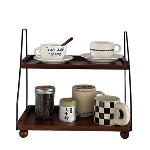 Retro Style Double Layer Wooden Storage <b>Rack</b> <b>For</b> Kitchen <b>Spice</b> <b>Jars</b> And Cosmetics Standing Type Durable Multipurpose Rectangle - Product Image 5