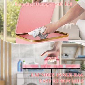 Màu hồng có thể gập lại giặt giỏ với bánh xe có thể tháo rời bên trong lưới túi tre Nắp Trọng lượng nhẹ ráp cán quần áo cản trở - Product Image 5