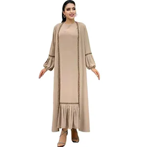 Nouvelles perles solides à manches longues élégant Abaya dame vêtements musulmans arabie saoudite femmes robes musulmans