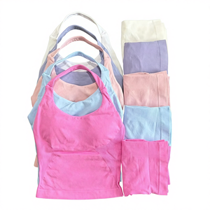 Conjunto Deportivo de 2 Piezas Transpirable para Mujer, Top Halter sin Espalda, Shorts de Cintura Alta sin Costuras y de Alta Elasticidad, Conjunto Deportivo Sólido - Product Image 1