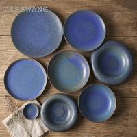 Service de table en céramique bleu ciel étoilé TESSWANG, assiettes et bols en porcelaine à glaçure réactive pour restaurant de luxe