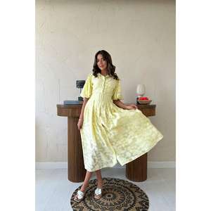 Robe chemise jaune à manches ballon et ceinture, col rabattu, en tissu tissé vintage respirant, pour usage quotidien décontracté - Product Image 5