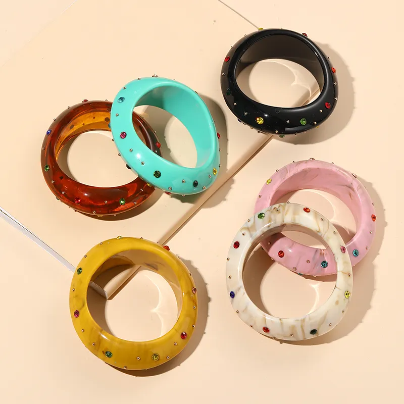 Multicolor Irregular round diamond inlaid Women Acrylic Resin Bangle Bracelet