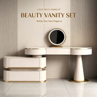 Coiffeuse de luxe glamour avec rangement, bureau de toilette haut de gamme en bois massif et organisateur, station de maquillage avec miroir LED et tabouret