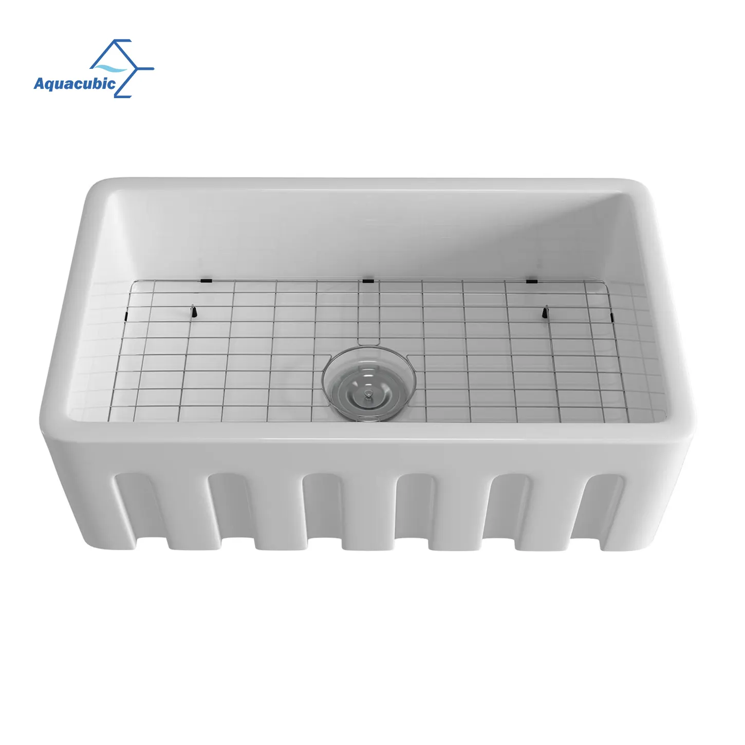 Aquacubic Single Bowl 33 inch Ceramic Kitchen Sink White Reversible Sink with Bottom Grid and Basket Strainer In Stock USA