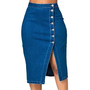 Women Fashion Denim Pencil Skirt High Waist Blow Knee Button Blue Jeans Skirts For Wholesale