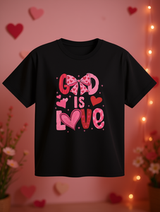 T-shirt da donna God Is Love, vestibilità regolare, girocollo, manica corta, design con cuori e fiocco rosa, stile casual, 100% cotone - Product Image 2