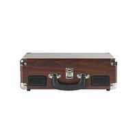 Lecteur de disques vinyles portable de bonne qualité, style rétro vintage, avec 3 vitesses, haut-parleurs, couleur bois, en plastique et bois.