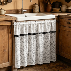 Rideau de cuisine blanc à motif floral avec bordure à pompons noirs en fibre de polyester pour fenêtre de cuisine - Product Image 1