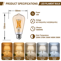 Ampoule LED à filament de verre 12W B22/E26/E27 ST21/ST64, 1500lm, dimmable, CRI90, efficace et écologique, pour la maison et l'hôtel