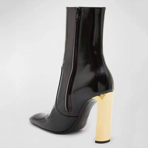 Bottines à talons épais en métal doré, style personnalisé, sexy, pour femmes, bout carré, courtes, avec fermeture éclair latérale, en cuir verni - Product Image 6