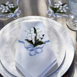 Khăn ăn bằng vải lanh trắng với Lily của thung lũng thêu chi tiết ruy băng màu xanh thủ công tinh tế cho đám cưới bàn ăn cao cấp - Product Image 1