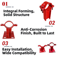 Support de poteau en acier peint en rouge à fixation au sol avec deux colliers de serrage et base fendue pour sprinkler anti-incendie et CVC
