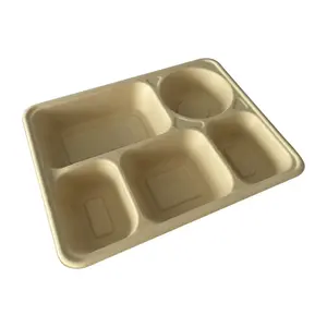 Disposable Custom 3 4 5 Compartment Biodegradable Bagasse Sugarcane Pulp Plate Sugarcane Fast Food Lunch Paper Plate Tray