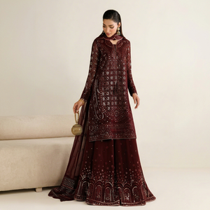 Salwar Kameez en soie brodée bordeaux élégant pour femme, coupe régulière, longueur cheville, style indien pakistanais, par Fashionista International - Product Image 1