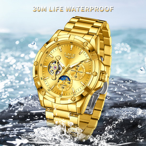 Reloj mecánico automático Lige para hombre, correa de acero inoxidable dorada, fase lunar, resistente al agua, luminoso, multifuncional - Product Image 5