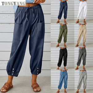 <span class=keywords><strong>Pantaloni</strong></span> larghi a vita alta e abbottonati di cotone <span class=keywords><strong>pantaloni</strong></span> tagliati a gamba larga da donna con stampa - Product Image 2